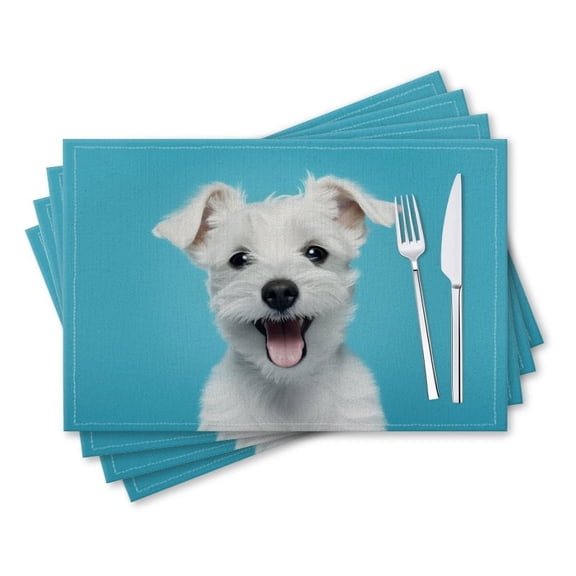 BaHomeck placemats Set of 4 rectangle Linen Cotton Placemats for Dining Table Washable Heat Resistant,18*12inch,White Puppy On Blue Background With Happy Face