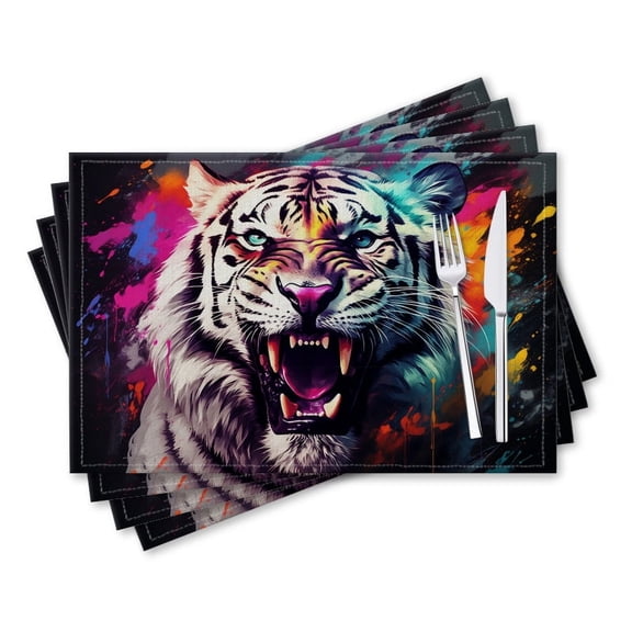 BaHomeck placemats Set of 4 rectangle Linen Cotton Placemats for Dining Table Washable Heat Resistant,18*12inch,White Tiger Roaring With Colorful Paint Splashes Around Its Mouth