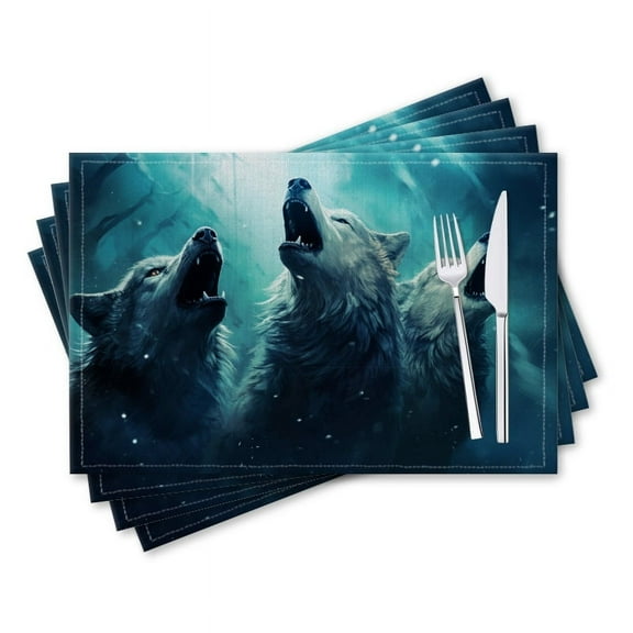BaHomeck placemats Set of 4 rectangle Linen Cotton Placemats for Dining Table Washable Heat Resistant,18*12inch,White Wolves Howling In The Style Of Fantasy Art