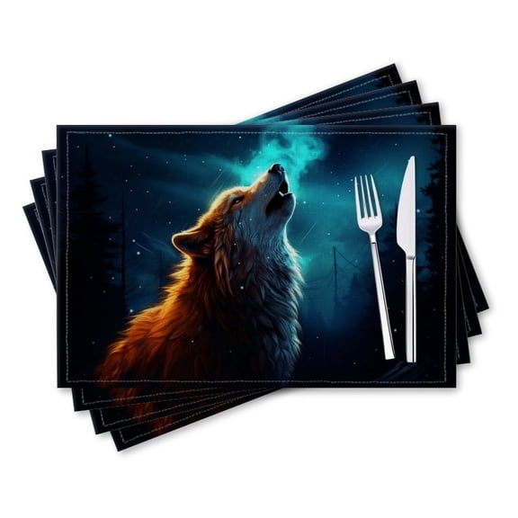 BaHomeck placemats Set of 4 rectangle Linen Cotton Placemats for Dining Table Washable Heat Resistant,18*12inch,Wolf Howling At The Moon In Enchanted Forest