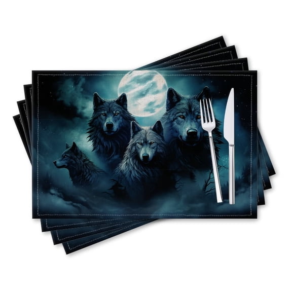 BaHomeck placemats Set of 4 rectangle Linen Cotton Placemats for Dining Table Washable Heat Resistant,18*12inch,Wolves Howling At Full Moon In The Background