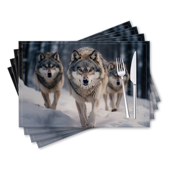 BaHomeck placemats Set of 4 rectangle Linen Cotton Placemats for Dining Table Washable Heat Resistant,18*12inch,Wolves Walking In The Snow With Gray And White Fur