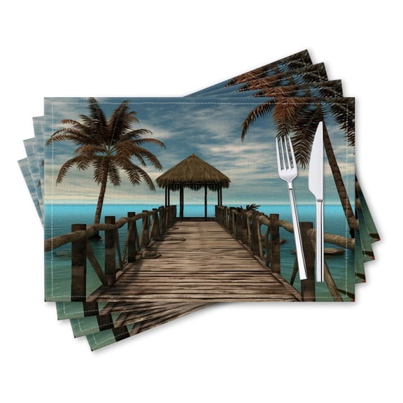BaHomeck placemats Set of 4 rectangle Linen Cotton Placemats for Dining Table Washable Heat Resistant,18*12inch,Wooden Pier With Palm Trees And Thatched Roof