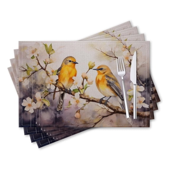BaHomeck placemats Set of 4 rectangle Linen Cotton Placemats for Dining Table Washable Heat Resistant,18*12inch,Yellow Birds Stand On The Branches Of Blooming Peach Blossoms
