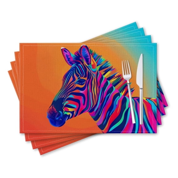 BaHomeck placemats Set of 4 rectangle Linen Cotton Placemats for Dining Table Washable Heat Resistant,18*12inch,Zebra In The Style Of Pop Art With Bright Colors