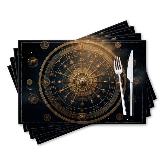 BaHomeck placemats Set of 4 rectangle Linen Cotton Placemats for Dining Table Washable Heat Resistant,18*12inch,Zodiac Wheel Surrounded By Golden Astrological