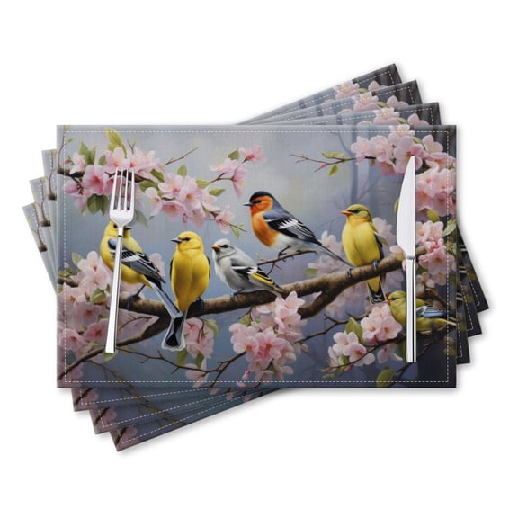 BaHomeck placemats Set of 4 rectangle Linen Cotton Placemats for Dining Table Washable Heat Resistant,Birds Sitting On Cherry Blossom Branches,18*12inch