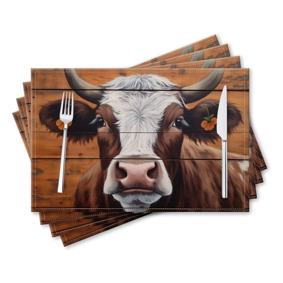 BaHomeck placemats Set of 4 rectangle Linen Cotton Placemats for Dining Table Washable Heat Resistant,Brown And White Cow With Wooden Planks,18*12inch