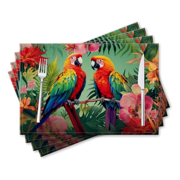 BaHomeck placemats Set of 4 rectangle Linen Cotton Placemats for Dining Table Washable Heat Resistant,Colorful Parrots Sitting On Tropical Flowers,18*12inch