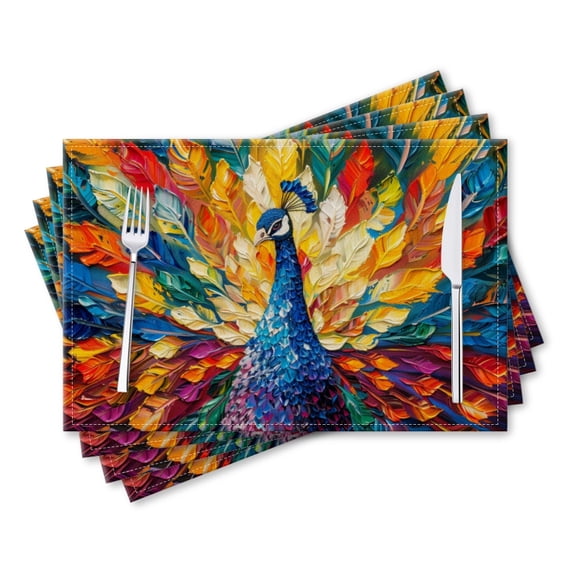 BaHomeck placemats Set of 4 rectangle Linen Cotton Placemats for Dining Table Washable Heat Resistant,Colorful Peacock With Vibrant Feathers,18*12inch