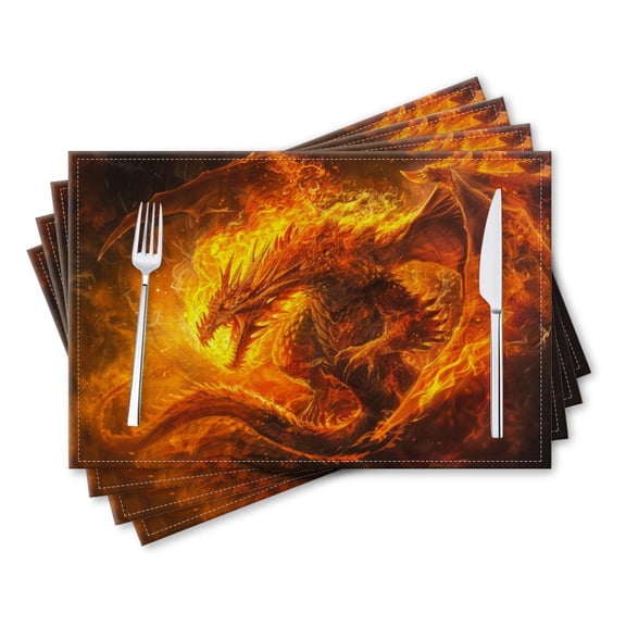 BaHomeck placemats Set of 4 rectangle Linen Cotton Placemats for Dining Table Washable Heat Resistant,Enormous Majestic Dragon Made Out Of Fire,18*12inch