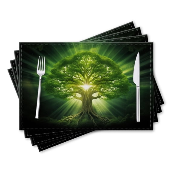 BaHomeck placemats Set of 4 rectangle Linen Cotton Placemats for Dining Table Washable Heat Resistant,Green Tree Of Life With Rays Emanating From It,18*12inch