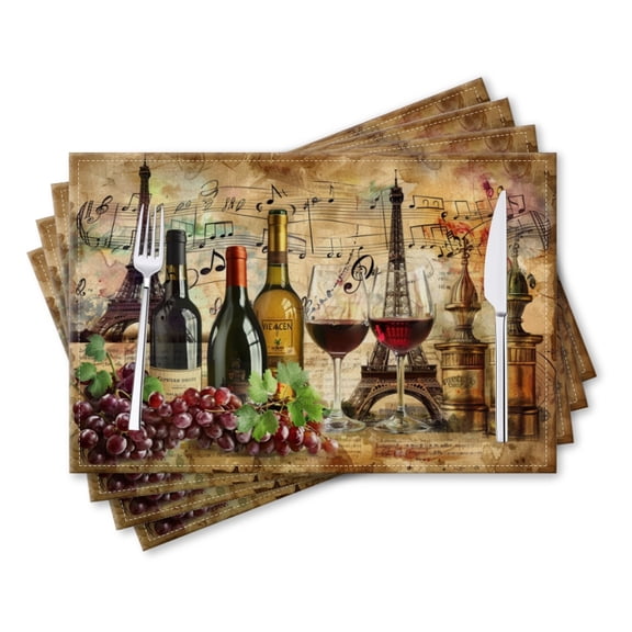 BaHomeck placemats Set of 4 rectangle Linen Cotton Placemats for Dining Table Washable Heat Resistant,Vintage Musical Notes And Wine Bottles,18*12inch