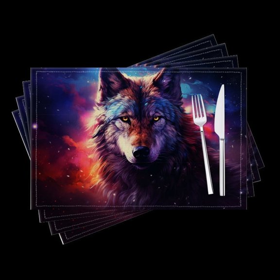 BaHomeck placemats Set of 4 Beautiful Wolf With Glowing Eyes Cotton Linen rectangle Placemats for Kitchen Dining Table Indoor,Outdoor,18*12inch