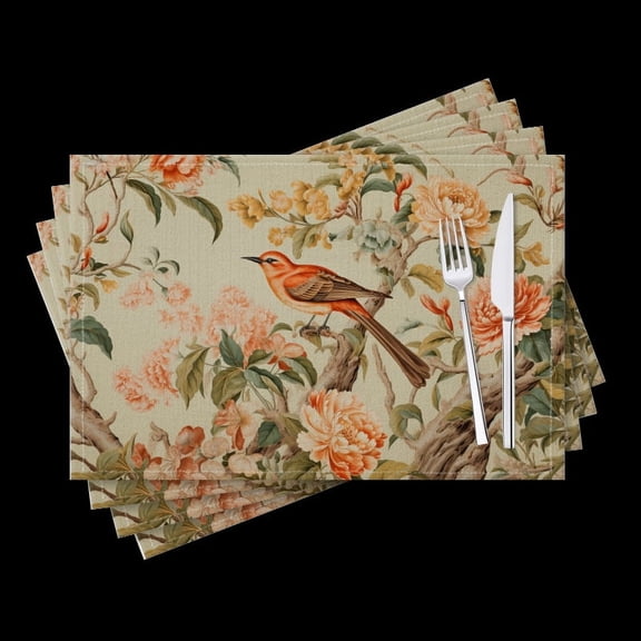 BaHomeck placemats Set of 4 Bird In The Style Of Chinoiserie Cotton Linen rectangle Placemats for Kitchen Dining Table Indoor,Outdoor,18*12inch