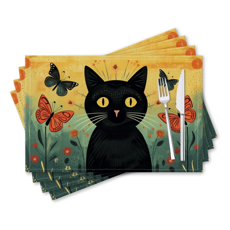 BaHomeck placemats Set of 4 Black Cat Surrounded By Butterflies Cotton Linen rectangle Placemats for Kitchen Dining Table Indoor,Outdoor,18*12inch
