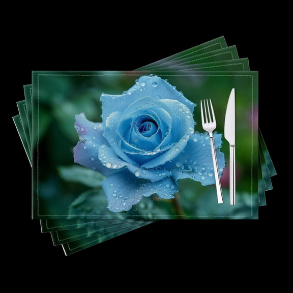 BaHomeck placemats Set of 4 Blue Rose With Water Droplets Cotton Linen rectangle Placemats for Kitchen Dining Table Indoor,Outdoor,18*12inch