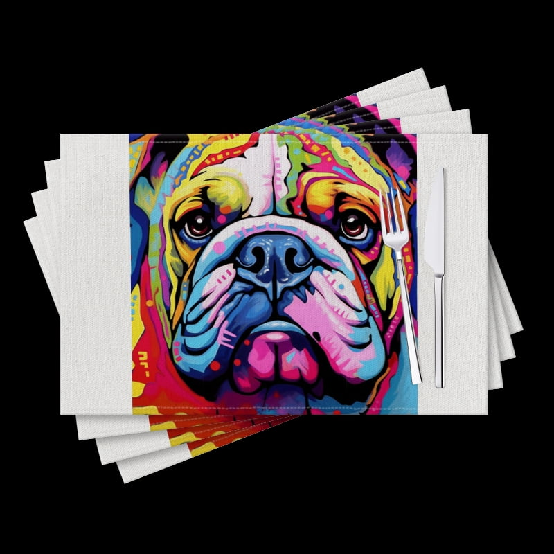 BaHomeck placemats Set of 4 Colorful Cute Bulldog In Cartoon Style Cotton Linen rectangle Placemats for Kitchen Dining Table Indoor,Outdoor,18*12inch