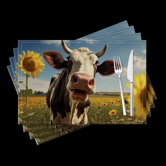 BaHomeck placemats Set of 4 Cow In The Middle Of Sunflower Field Cotton Linen rectangle Placemats for Kitchen Dining Table Indoor,Outdoor,18*12inch