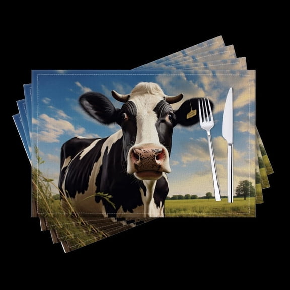 BaHomeck placemats Set of 4 Cow Stands In Front Of Open Field Cotton Linen rectangle Placemats for Kitchen Dining Table Indoor,Outdoor,18*12inch