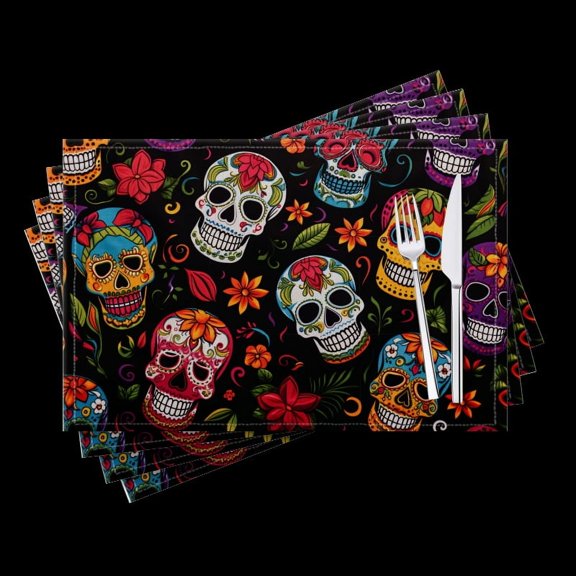 BaHomeck placemats Set of 4 Day Of Death Skull Gothic Drawing Cotton Linen rectangle Placemats for Kitchen Dining Table Indoor,Outdoor,18*12inch