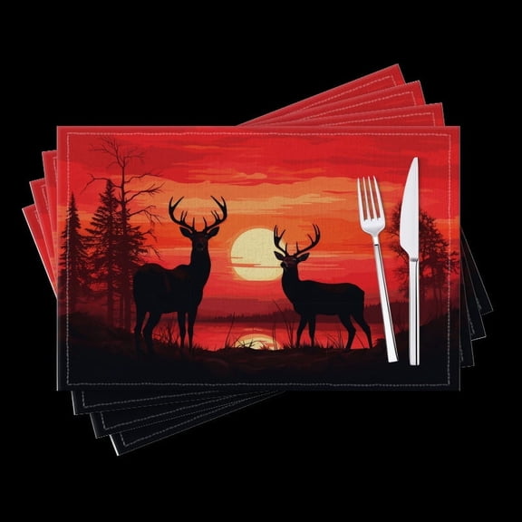 BaHomeck placemats Set of 4 Deer On Meadow Animals Autumn Season Cotton Linen rectangle Placemats for Kitchen Dining Table Indoor,Outdoor,18*12inch