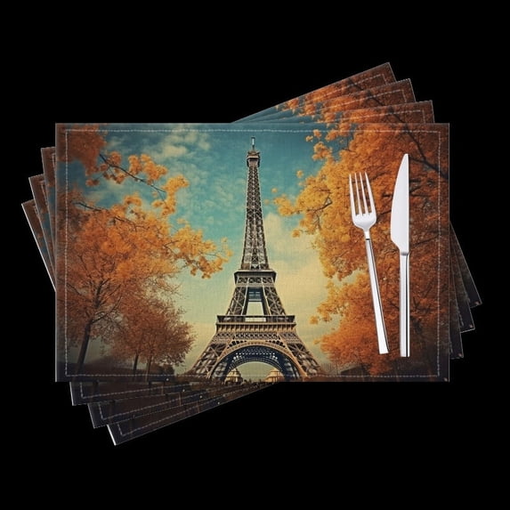 BaHomeck placemats Set of 4 Eiffel Tower In Autumn With Sunny Day Cotton Linen rectangle Placemats for Kitchen Dining Table Indoor,Outdoor,18*12inch