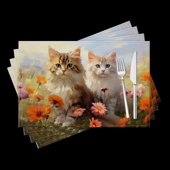 BaHomeck placemats Set of 4 Fluffy Cats Sitting In Flower Field Cotton Linen rectangle Placemats for Kitchen Dining Table Indoor,Outdoor,18*12inch