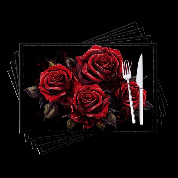 BaHomeck placemats Set of 4 Illustration Of Red Roses Vector Art Cotton Linen rectangle Placemats for Kitchen Dining Table Indoor,Outdoor,18*12inch