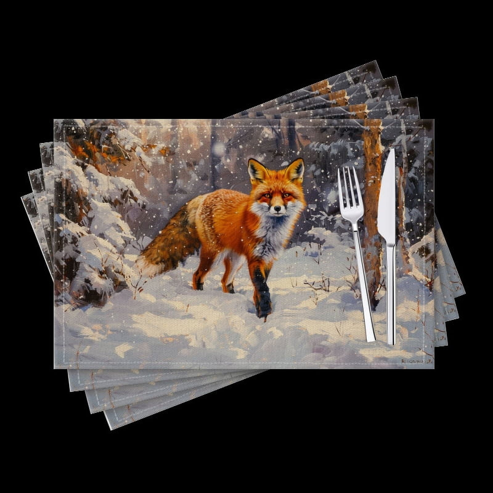 BaHomeck placemats Set of 4 Red Fox In The Snow Cotton Linen rectangle Placemats for Kitchen Dining Table Indoor,Outdoor,18*12inch