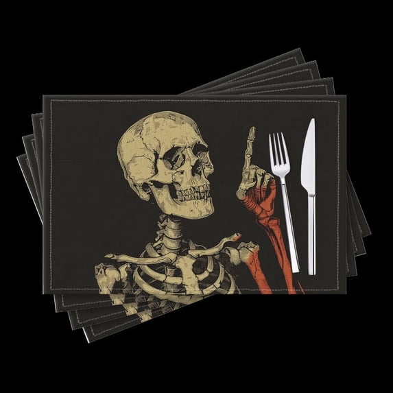 BaHomeck placemats Set of 4 Skeletal Figure Holding Up Finger Cotton Linen rectangle Placemats for Kitchen Dining Table Indoor,Outdoor,18*12inch