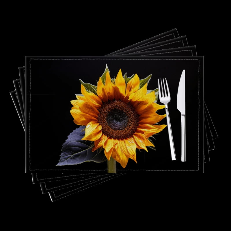 BaHomeck placemats Set of 4 Sunflower Against Black Background Cotton Linen rectangle Placemats for Kitchen Dining Table Indoor,Outdoor,18*12inch
