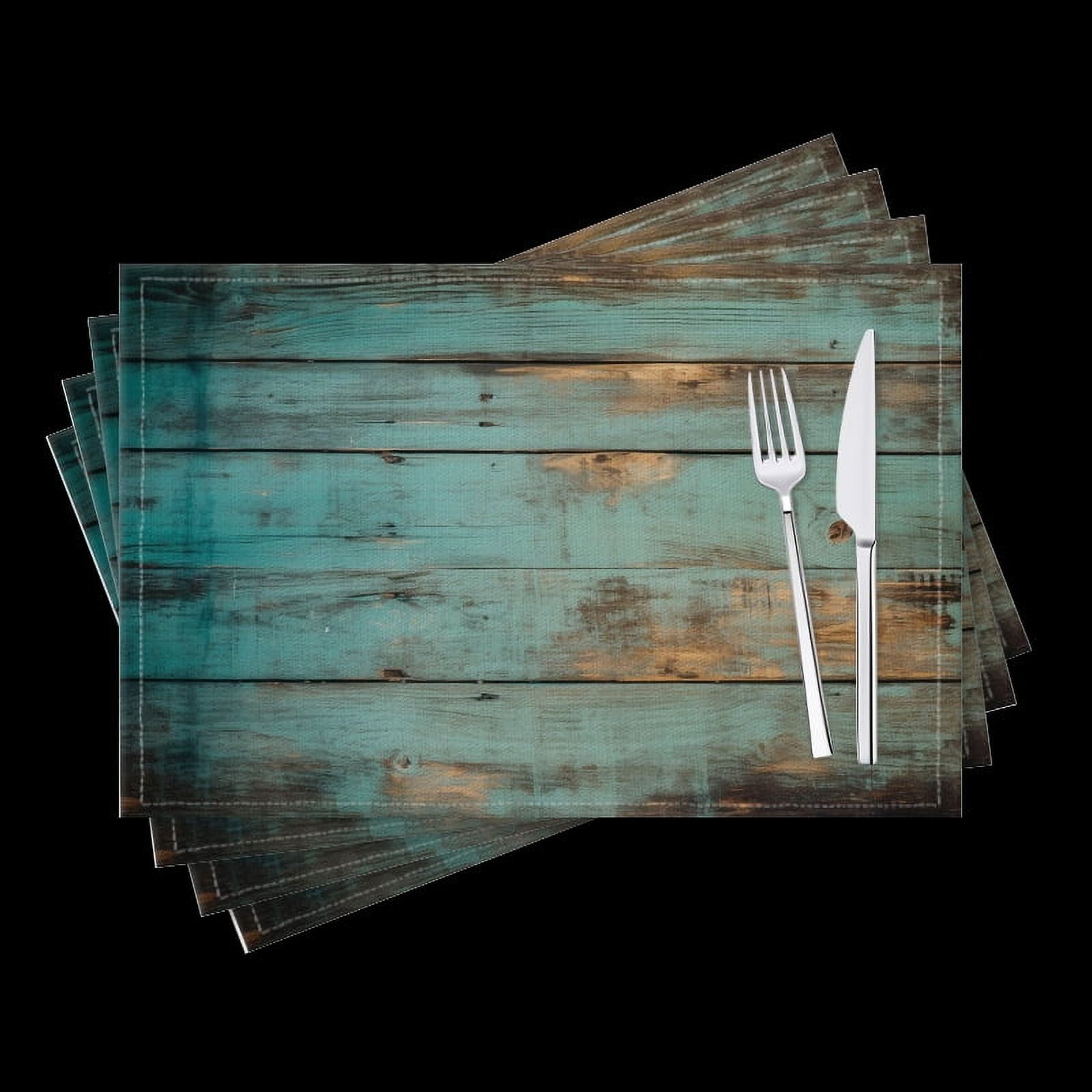 BaHomeck placemats Set of 4 Teal And Brown Rustic Wood Cotton Linen rectangle Placemats for Kitchen Dining Table Indoor,Outdoor,18*12inch