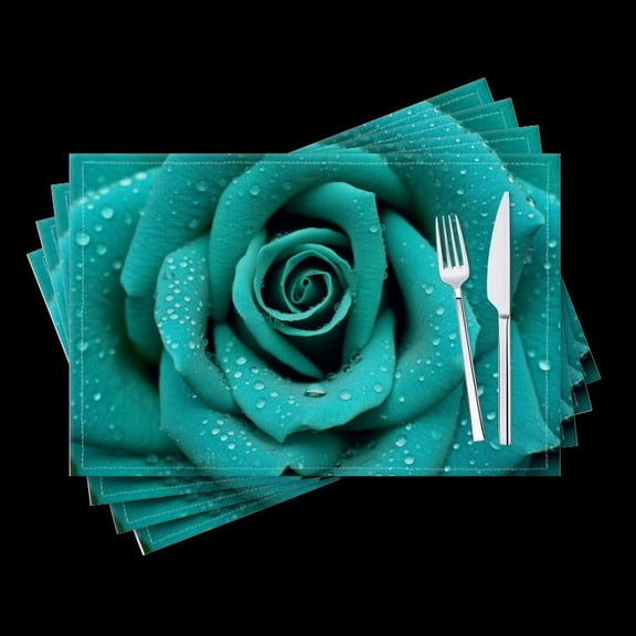 BaHomeck placemats Set of 4 Turquoise Rose With Water Droplets Cotton Linen rectangle Placemats for Kitchen Dining Table Indoor,Outdoor,18*12inch