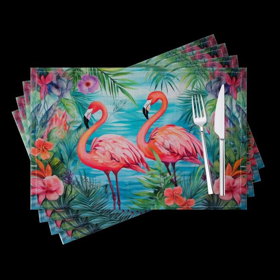 BaHomeck placemats Set of 4 Two Pink Flamingos With Flower Cotton Linen rectangle Placemats for Kitchen Dining Table Indoor,Outdoor,18*12inch