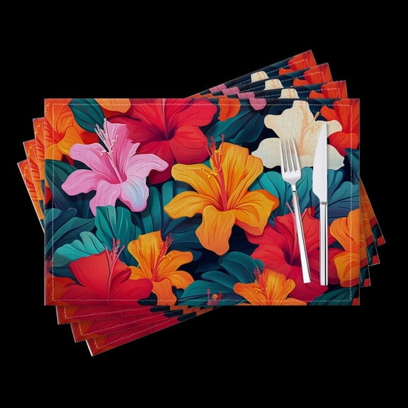 BaHomeck placemats Set of 4 Vibrant And Colorful Tropical Flowers Cotton Linen rectangle Placemats for Kitchen Dining Table Indoor,Outdoor,18*12inch