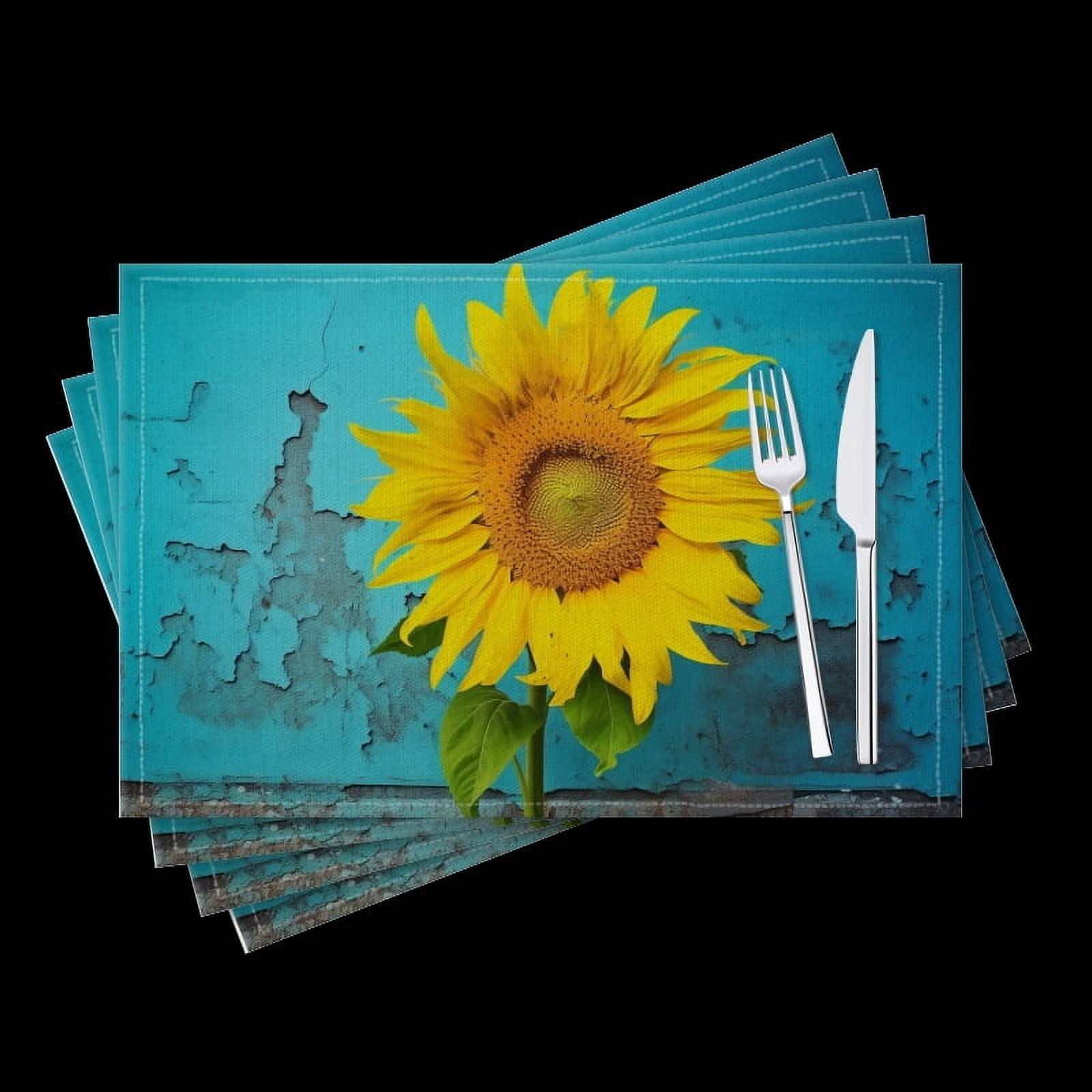 BaHomeck placemats Set of 4 Yellow Sunflower On Old Teal Wall Cotton Linen rectangle Placemats for Kitchen Dining Table Indoor,Outdoor,18*12inch