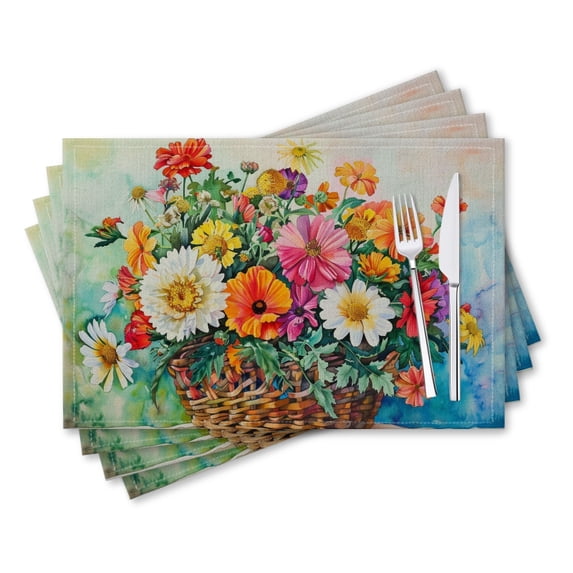 BaHomeck placemats Set of 4 rectangle Linen Cotton Placemats for Dining Table Washable Heat Resistant,18*12inch,Basket Of Colorful Champion Flowers