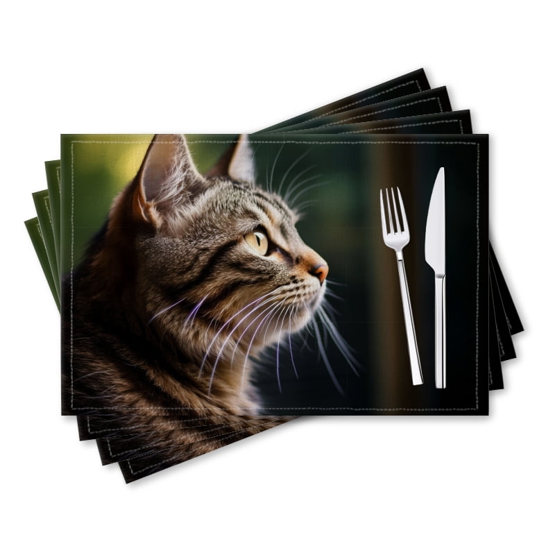 BaHomeck placemats Set of 4 rectangle Linen Cotton Placemats for Dining Table Washable Heat Resistant,18*12inch,Beautiful Cat Looking Out The Window