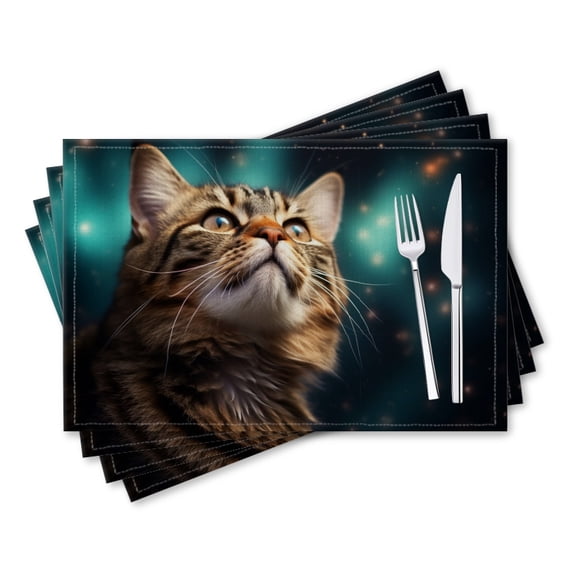 BaHomeck placemats Set of 4 rectangle Linen Cotton Placemats for Dining Table Washable Heat Resistant,18*12inch,Beautiful Cat Looking Up At The Stars