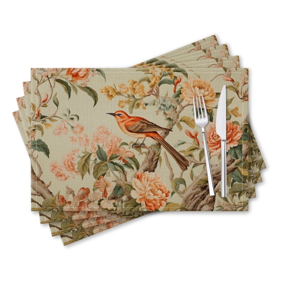 BaHomeck placemats Set of 4 rectangle Linen Cotton Placemats for Dining Table Washable Heat Resistant,18*12inch,Bird In The Style Of Chinoiserie