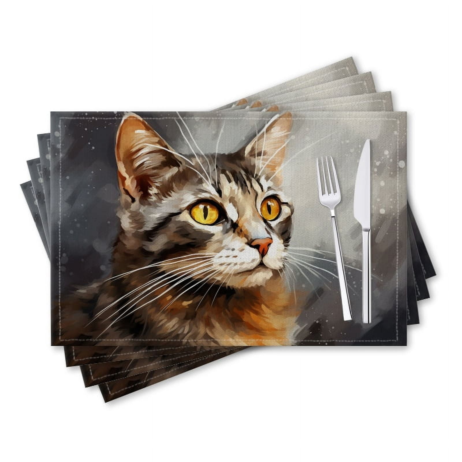 BaHomeck placemats Set of 4 rectangle Linen Cotton Placemats for Dining Table Washable Heat Resistant,18*12inch,Cute Cat Against Grey Background
