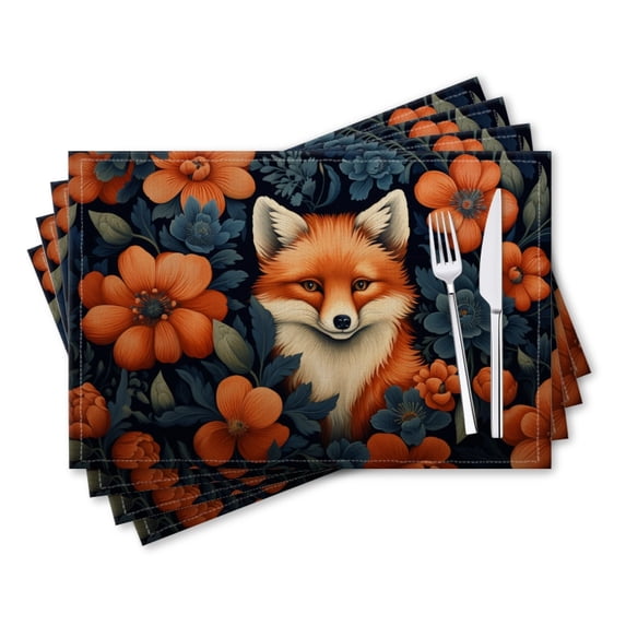 BaHomeck placemats Set of 4 rectangle Linen Cotton Placemats for Dining Table Washable Heat Resistant,18*12inch,Cute Fox Surrounded By Orange Flowers