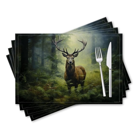 BaHomeck placemats Set of 4 rectangle Linen Cotton Placemats for Dining Table Washable Heat Resistant,18*12inch,Deer Fawn In Wilderness Forest