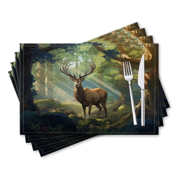 BaHomeck placemats Set of 4 rectangle Linen Cotton Placemats for Dining Table Washable Heat Resistant,18*12inch,Deer In The Woods Watercolor Painting