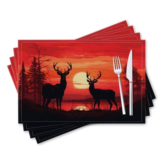 BaHomeck placemats Set of 4 rectangle Linen Cotton Placemats for Dining Table Washable Heat Resistant,18*12inch,Deer On Meadow Animals Autumn Season