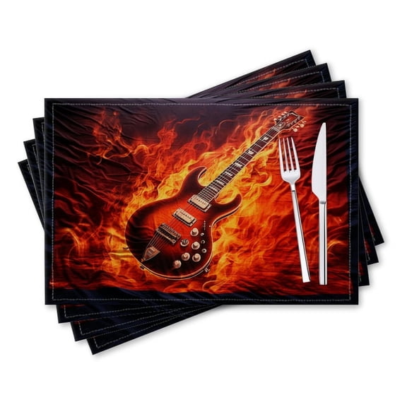 BaHomeck placemats Set of 4 rectangle Linen Cotton Placemats for Dining Table Washable Heat Resistant,18*12inch,Flaming Guitar With High-Resolution