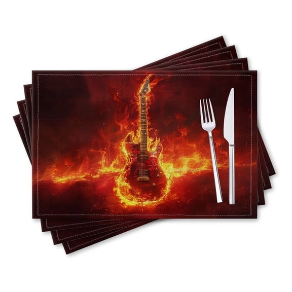 BaHomeck placemats Set of 4 rectangle Linen Cotton Placemats for Dining Table Washable Heat Resistant,18*12inch,Guitar Engulfed In Flames