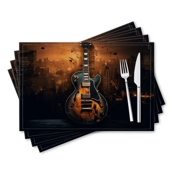 BaHomeck placemats Set of 4 rectangle Linen Cotton Placemats for Dining Table Washable Heat Resistant,18*12inch,Guitar With Cityscape Background