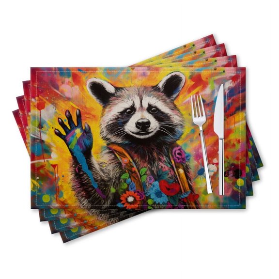 BaHomeck placemats Set of 4 rectangle Linen Cotton Placemats for Dining Table Washable Heat Resistant,18*12inch,Happy Raccoon Waving With Paw